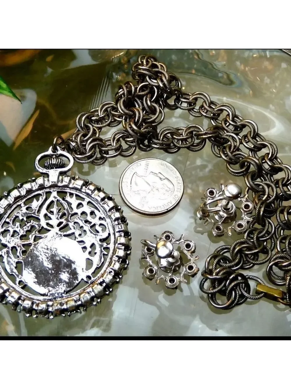 VTG JUDY LEE AB RHINESTONE POCKET WATCH DESIGN PENDANT NECKLACE EARRINGS LOT 20